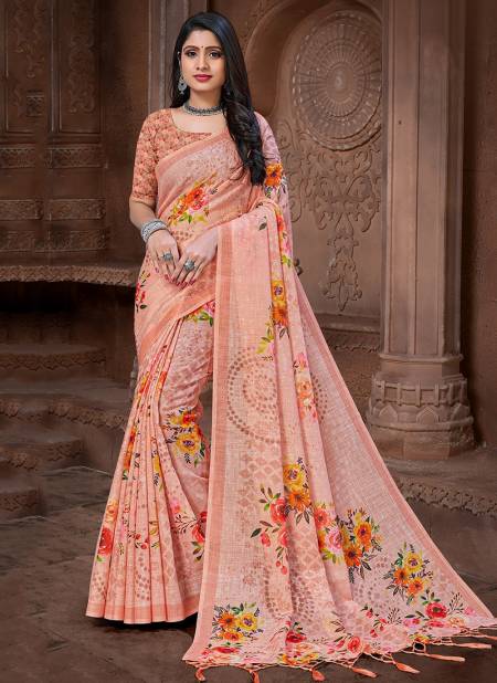 Peach Colour MAHI VE Fancy Designer Ethnic Wear Linen Digital Print Saree Collection M 01